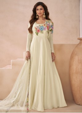 Readymade Floor Length Gown  Embroidered Silk in Off White