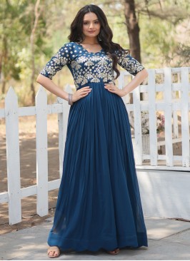 Readymade Gown Embroidered Faux Georgette in Rama