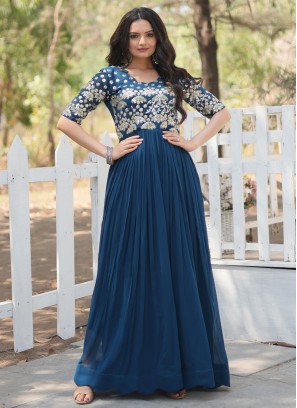 Readymade Gown Embroidered Faux Georgette in Rama