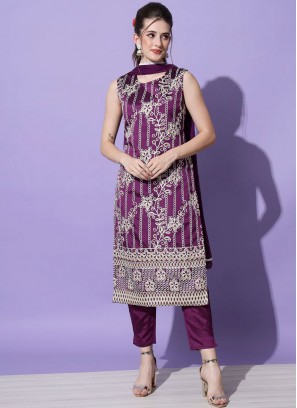 Readymade Salwar Suit Embroidered Cotton in Purple