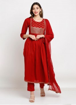 Readymade Salwar Suit Embroidered Rayon in Red