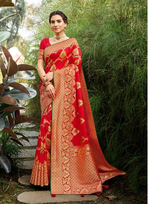 Red Color Banarasi Silk Fancy Saree