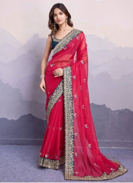 Red Embroidered Festival Designer Saree