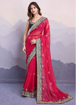 Red Embroidered Festival Designer Saree