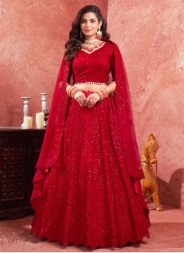 Red Embroidered Net Readymade Lehenga Choli