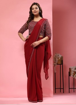 Red Embroidered Party Classic Saree