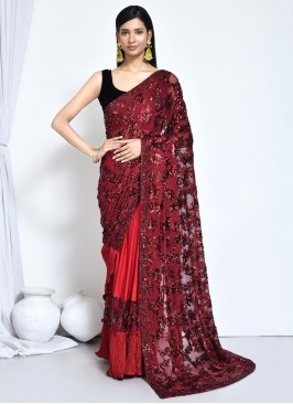 Red Embroidered Satin Silk Trendy Saree