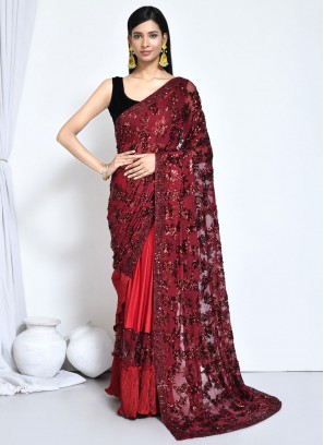 Red Embroidered Satin Silk Trendy Saree