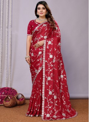 Red Embroidered Satin Trendy Saree