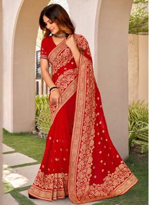 Red Embroidered Wedding Classic Saree