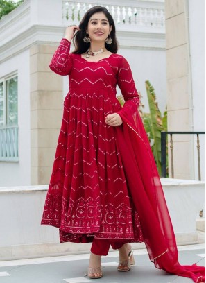 Red Faux Georgette Festival Trendy Salwar Kameez