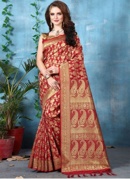 Red Festival Art Banarasi Silk Designer Traditiona