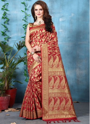 Red Festival Art Banarasi Silk Designer Traditional Saree