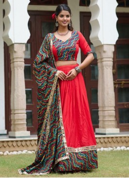 Red Foil Print Rayon Readymade Lehenga Choli