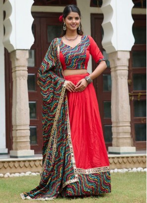 Red Foil Print Rayon Readymade Lehenga Choli