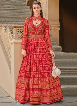 Red Mehndi Silk Designer Gown