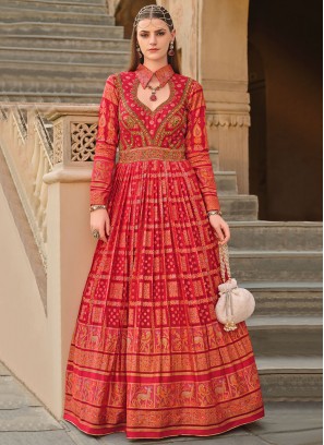 Red Mehndi Silk Designer Gown