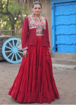 Red Rayon Readymade Lehenga Choli