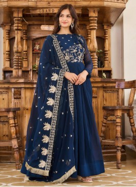 Refreshing Embroidered Navy Blue Faux Georgette Readymade Gown