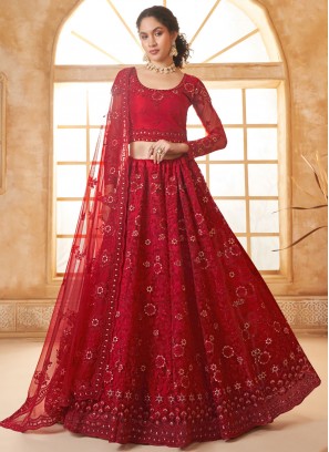 Refreshing Red Cord Net Designer Lehenga Choli