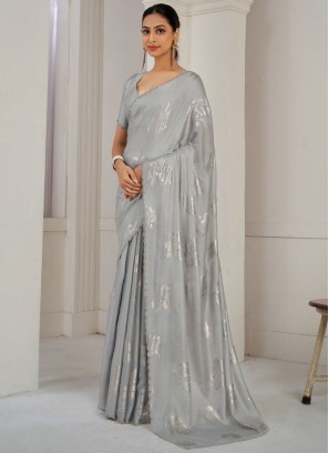 Refreshing Satin Silk Grey Cutdana Contemporary Saree