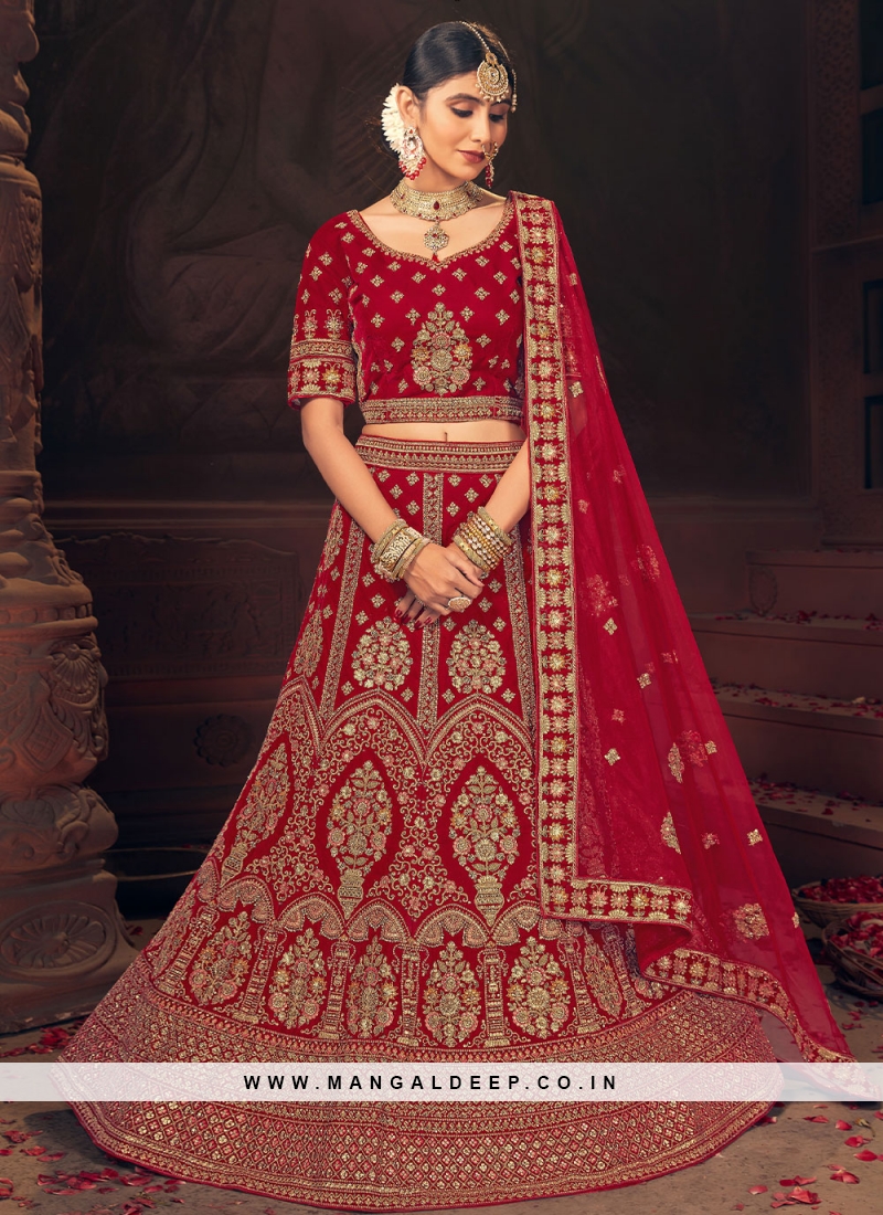 Red Embellished With Embroidered Velvet Lehenga Choli