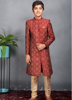 Royal Marron Banarasi Sherwani Trouser Set for Boys