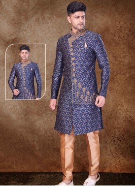 Regal Blue and Chikoo Sherwani with Jaqard Top and