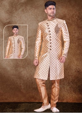 Regal Gold and Chikoo Sherwani with Jaqard Top and