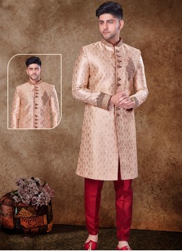 Regal Gold and Maroon Sherwani with Jaqard Top and