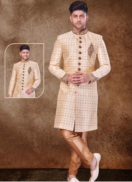 Regal Gold and Chikoo Sherwani with Jaqard Top and