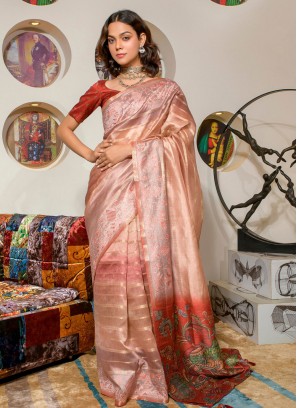 Remarkable Digital Print Red Silk Trendy Saree