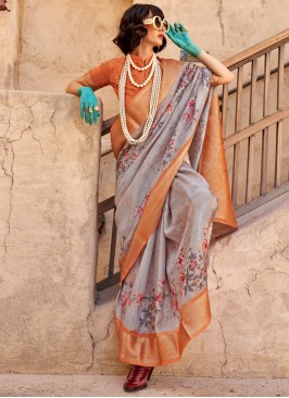 Remarkable Grey Border Georgette Contemporary Saree