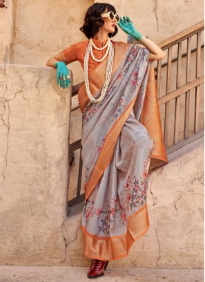 Remarkable Grey Border Georgette Contemporary Saree