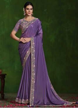 Remarkable Silk Violet Embroidered Contemporary Saree