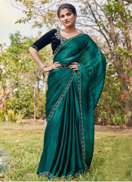 Renowned Stone Satin Silk Green Contemporary Saree