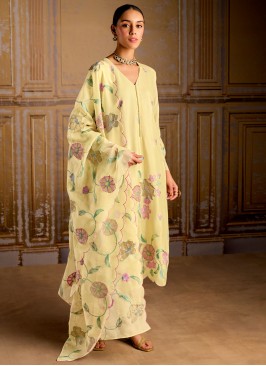 Resham Silk Salwar Kameez in Cream and Yellow