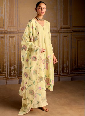 Resham Silk Salwar Kameez in Cream and Yellow