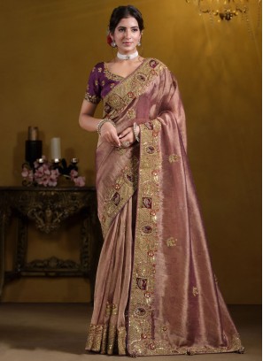 Riveting Silk Embroidered Pink and Rust Classic Saree