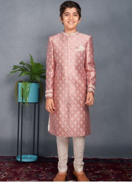 Rose Gold Pink Banarasi Brocade Kids' Sherwani Tro