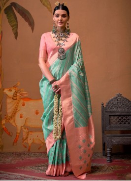 Rose Pink and Turquoise Handloom silk Festival Trendy Saree