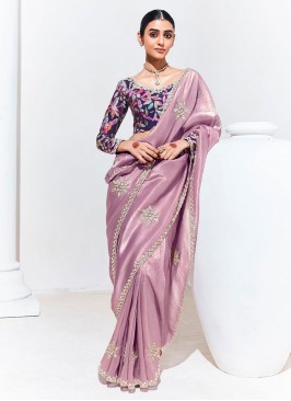 Rose Pink Embroidered Organza Saree