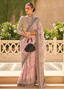 Rose Pink Raw Silk Foil Print Classic Saree