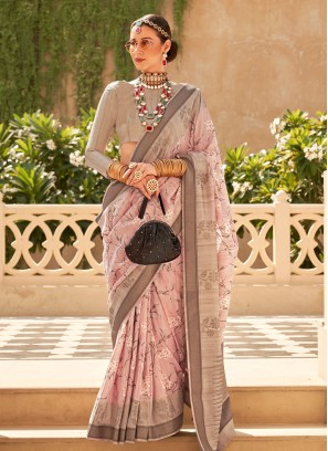 Rose Pink Raw Silk Foil Print Classic Saree