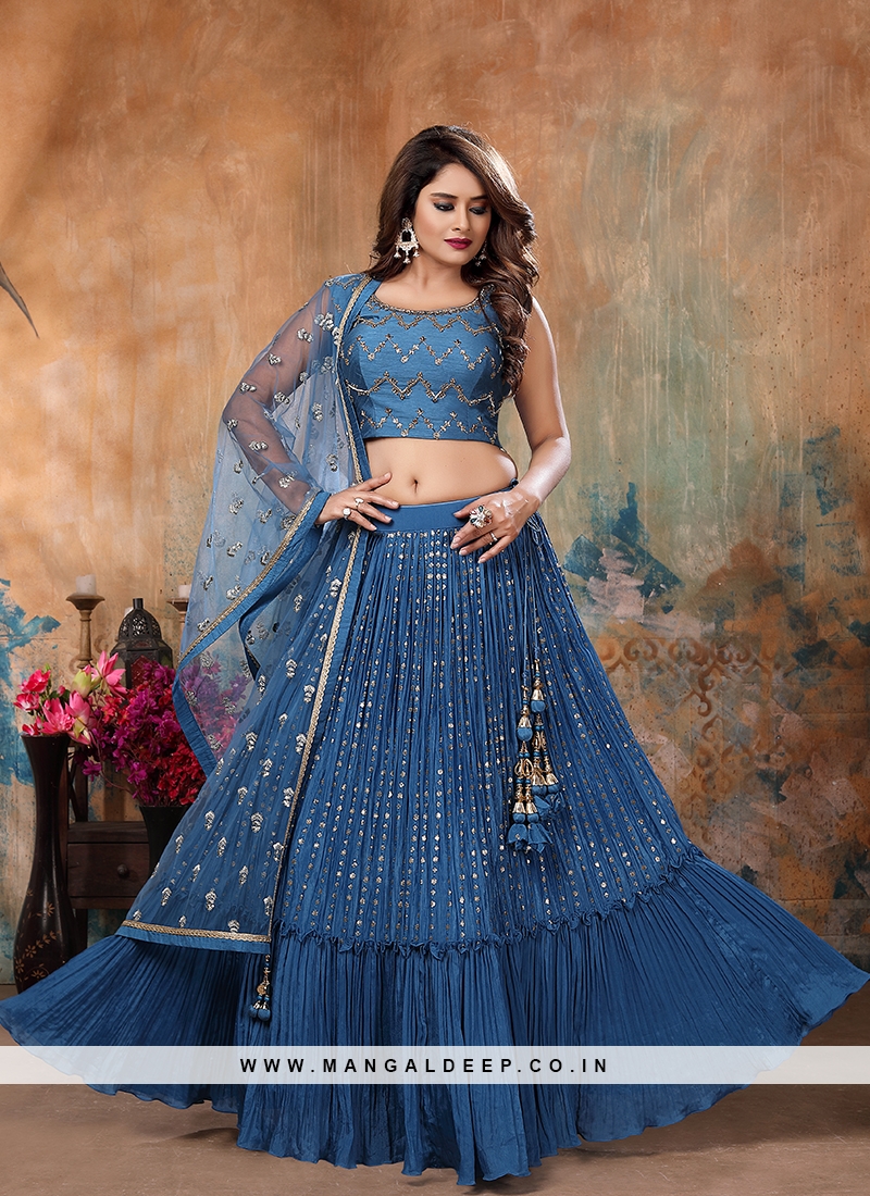 Buy Gorgeous Navy Blue Satin and Silk Designer Lehenga with Net Dupatta at  best price - Gitanjali Fashions