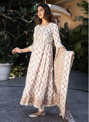 Royal Cotton Cream Printed Designer Salwar Suit