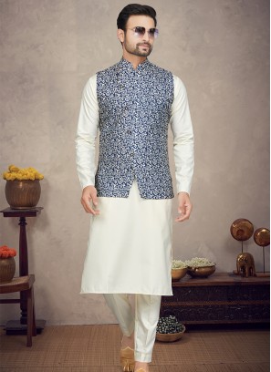 $52 - $64 - Mustard Wedding Indo Western Print Kurta Pajama With Jacket  Online Shopping