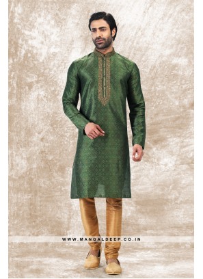 Royal Touch Green Jacquard Silk Brocade Kurta Pyjama Set with Embroidery Work