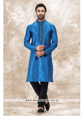 Royal Touch Blue Jacquard Silk Brocade Kurta Pyjama Set with Embroidery Work