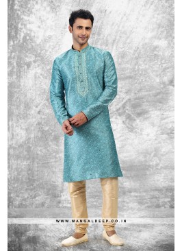 Royal Touch Blue Jacquard Silk Brocade Kurta Pyjam